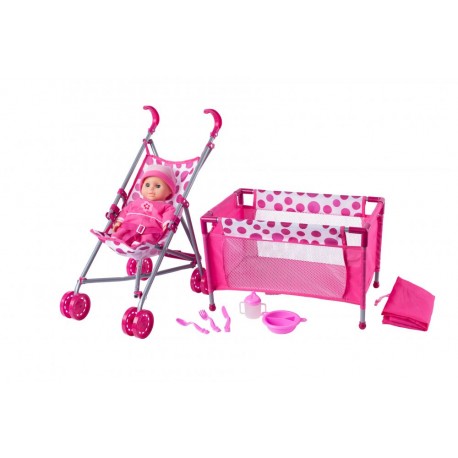 Lalka bobas z wózkiem i łóżeczkiem - zabawka 4w1