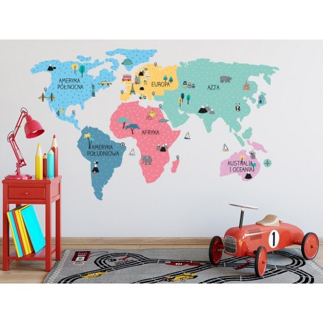 Naklejka na ścianę - mapa świata - kolorowa L
